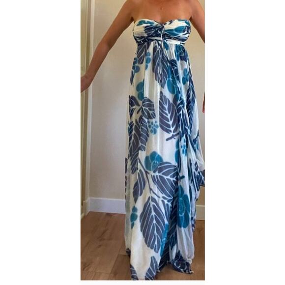Tibi Silk Chiffon strapless Maxi Dress Blue White/off white Size 6 - Picture 2 of 14
